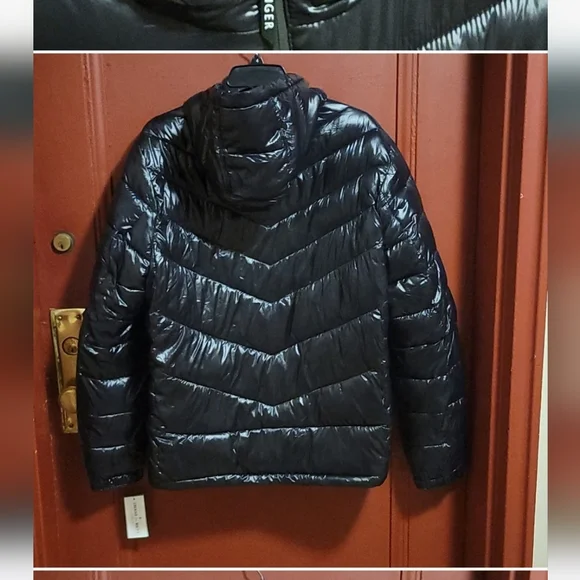 Tommy Hilfiger Men's Shiny Quilted Black Puffer Jacket With Logo SZ M - Picture 3 of 15